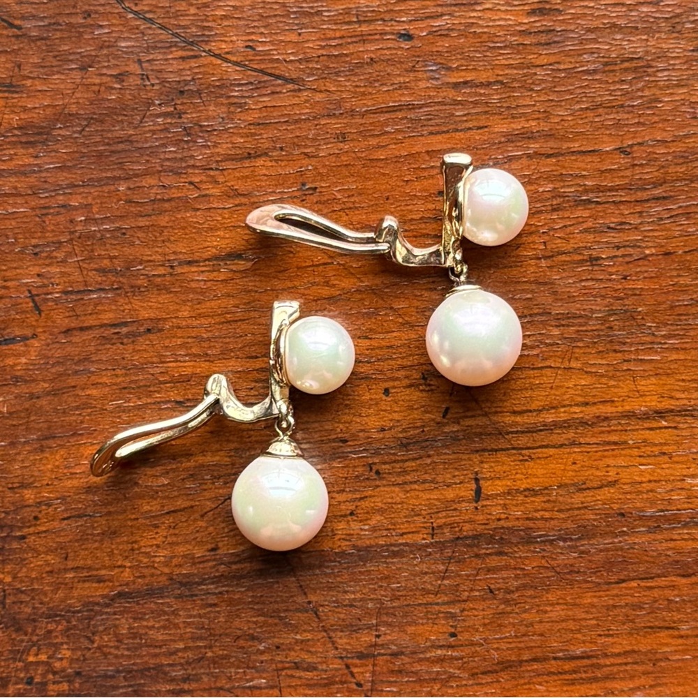 Majorica Pearl & Yellow Gold over Sterling Silver Dangle Drop Clip On Earrings - Picture 7 of 15